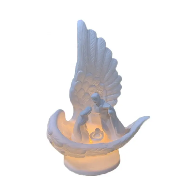 الديكور الداخلي تمثال العائلة المقدسة بالجملة ، أبيض مخصص السيراميك الملاك العائلة المقدسة النحت عيد الميلاد الديكور