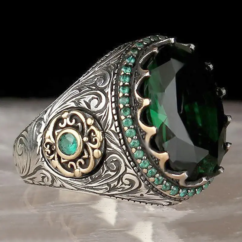 Punk Large Dark Green Stone Ring for Men Vintage Jewelry Ancient Silver Color Two Tone Carved Metal Oval Zircon Finger Ring