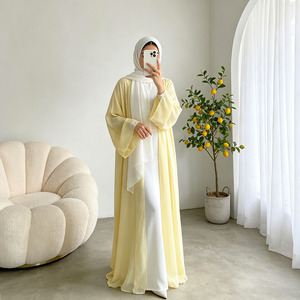 Butter Yellow Eid Open Abaya 2 Piece <b>Set</b> Muslim Women Kimono Georgette Kaftan Robe Hijab <b>Modest</b> Outfit - Product Image 1