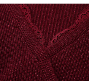 Maglione aderente da <span class=keywords><strong>donna</strong></span> Chic <span class=keywords><strong>bordeaux</strong></span> a vita sottile e manica lunga con scollo a V in pizzo Splicing Sexy e temperamento-maglieria - Product Image 5