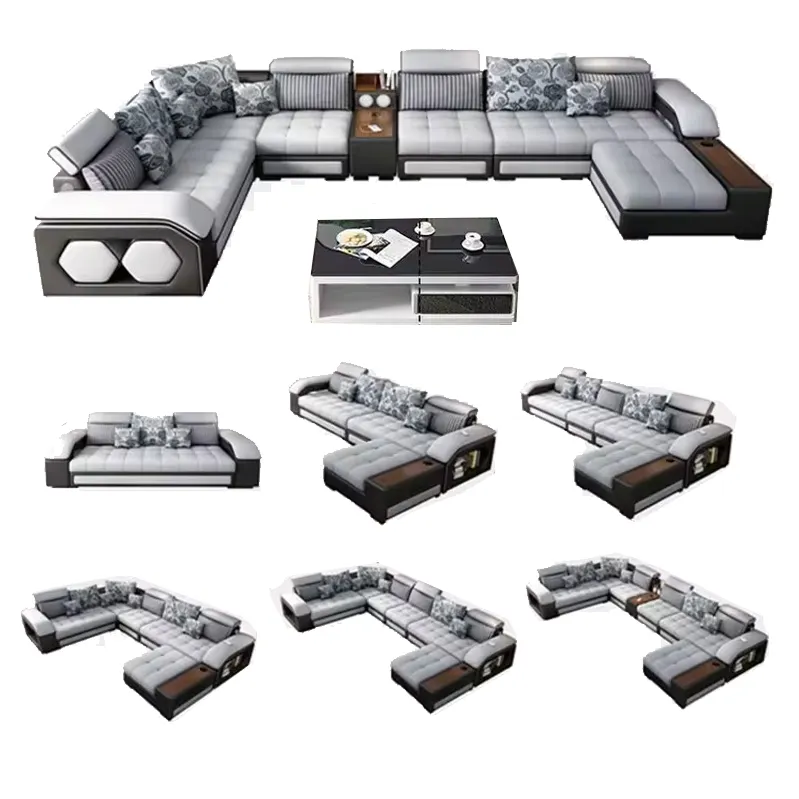 Modernes Luxus-Wohnzimmer-Sofa-Set mit 7 Stühlen samtsofa in U-Form Möbelstoff Vollleder Kunstleder Oberfläche 1+2+3 Sofas