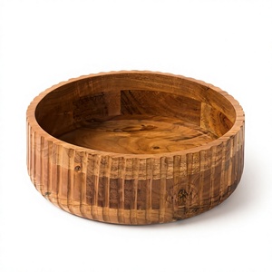 Bol de service vintage en bois d'acacia à motif côtelé pour salades et pâtes, forme personnalisée, résistant à la chaleur, écologique, compatible lave-vaisselle, pour la maison - Product Image 1