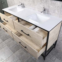 Meuble-lavabo autoportant avec double vasque en céramique, structure en métal noir, armoire en PVC, miroir rétroéclairé par LED pour maison, villa, appartement