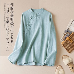 Women's Retro Cotton Linen Long Sleeve Stand Collar Slanted Placket Shirt Navy Blue Everyday Wear Chinoiserie Style - Product Image 2