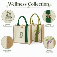 Sac fourre-tout de luxe en lin et jute pour spa et bien-être féminin, avec logo calligraphié, imprimé floral, poignée en ruban décoratif, personnalisation OEM/ODM