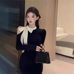 French Style Black Knit Dress With Bow Off Shoulder Slim Fit Bodycon A Line Skirt Autumn Women's Sweater Dress - Product Image 1