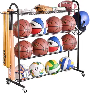 Free Standing Basketball Rack Sport Equipment Storage Rack Ball Holder Multi-functional Metal Rolling Rack with Hooks Holder
