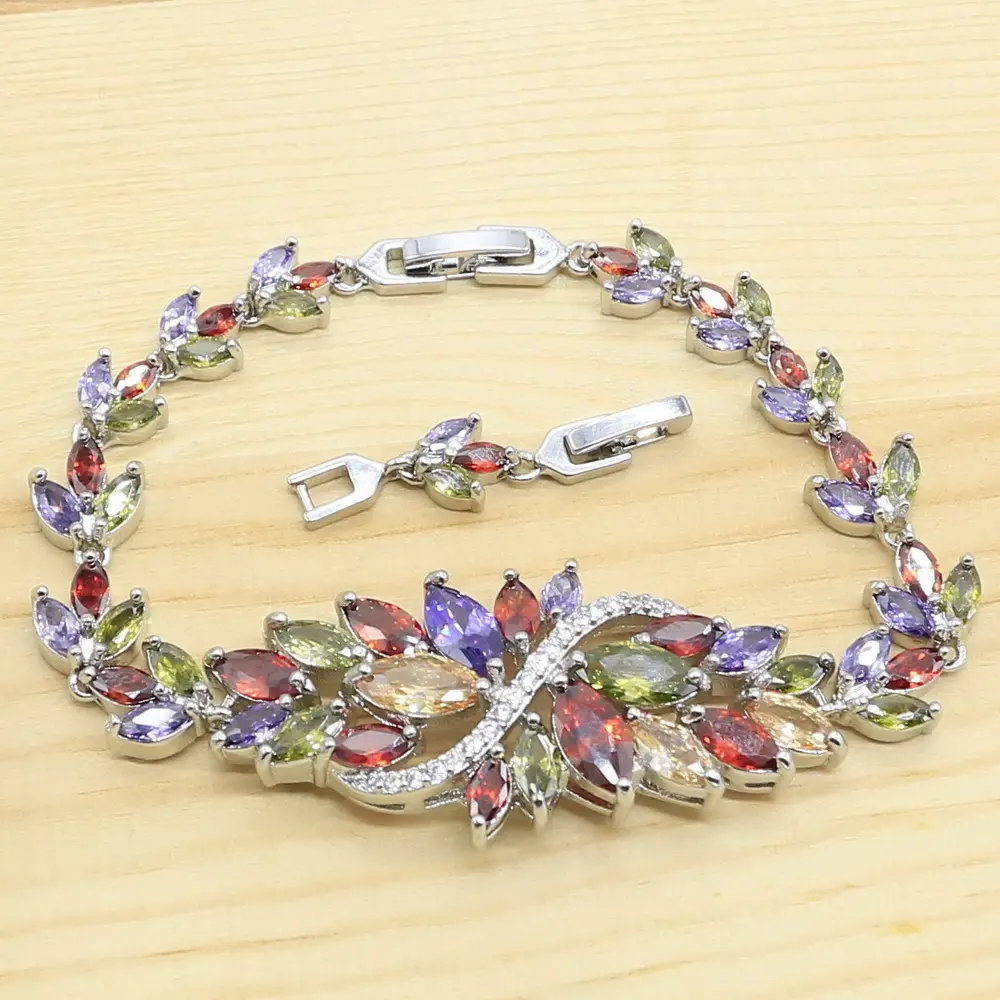 Luxury Design White Gold Plated Women Bracelet with Multi Color Green Blue Red Stones Jewelry Wedding Birthday Gift