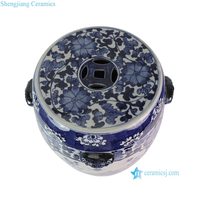 RZPJ25-A Tabouret à tambour d'oreille de lion bleu et blanc, en porcelaine à motif floral et d'oiseaux avec fenêtre ouverte à branches entrelacées