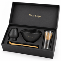 Ensemble de bols à matcha avec logo personnalisé, ensemble de thé en céramique noire mate avec support pour fouet, cuillère en bambou, boîte cadeau pour cérémonie du thé