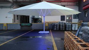 Large square Modern <b>Outdoor</b> Cantilever Patio <b>Umbrella</b> with Beige Canopy Sturdy Dark Frame Aluminum Pole Concrete Base - Product Image 4