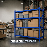 Étagère de stockage robuste pour entrepôt, 4 niveaux, en acier sans boulons, directement de l'usine, pour l'utilisation sur les lignes de préparation et d'emballage