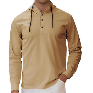 Sweat-shirt à capuche pour homme à manches longues, boutonné devant, décontracté, en mélange polyester et élasthanne, beige, coupe ajustée - Product Image 1