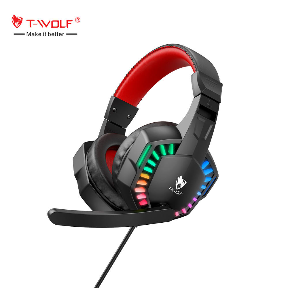 T-WOLF H120 Wired Gaming Headphones RGB Headset, 50mm Drivers, Noise Cancelling Mic, On-Ear E-Sport Professional Headset for Gamer Desktop PC, PS4/5, Laptop - Black / سماعة ألعاب T-WOLF H120 السلكية مع إضاءة RGB، مشغل 50 ملم، ميكروفون عزل الضوضاء، تصميم على الأذن احترافي للرياضات الإلكترونية للاعبين وأجهزة كمبيوتر سطح المكتب و PS4/5 واللابتوب - أسود