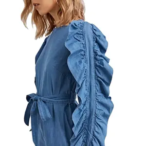 Ruffled sleeves and shoulder sashes design wide legs collar less full length denim jeans washed lady causal playsuits jumpsuit