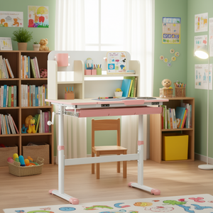 Bureau d'étude rose réglable avec plateau inclinable et tiroir pour le rangement des devoirs scolaires, mobilier enfant - Product Image 2