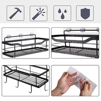 Étagères de rangement auto-adhésives à double niveau en acier inoxydable SUS304, caddie de douche mural noir mat, sans perforation, avec crochets
