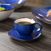 JQY Ensemble d'assiettes en céramique Vaisselle à motif tourbillon émaillé bleu avec mouchetures rustiques, vaisselle en porcelaine faite à la main pour restaurant