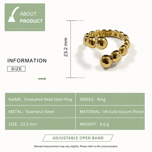 Anillo Abierto con Cuentas Graduadas de Acero Inoxidable, Chapado al Vacío en Oro de 14K, Joyería Escultural Ajustable - Product Image 2