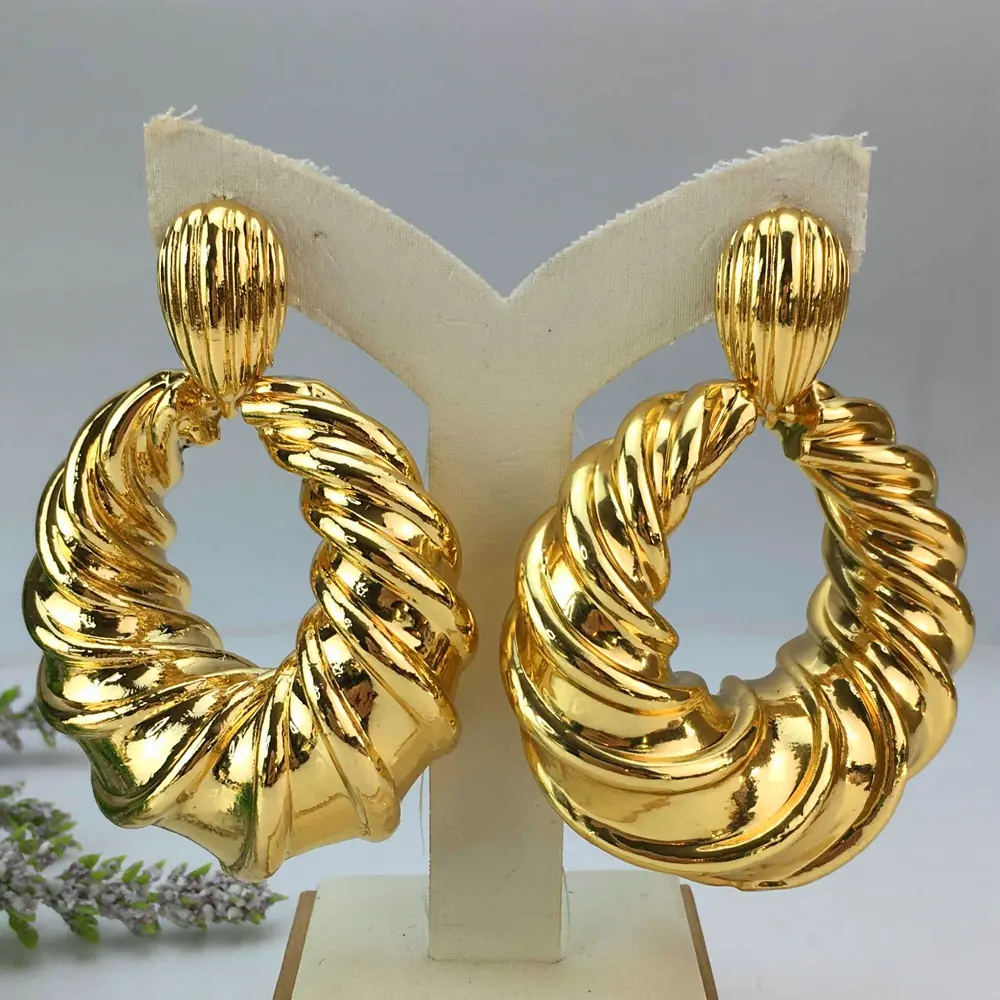 Fashion 24K Gold Plated Jewelry Hollow Out Large Thick Chunky Hoop Big Earrings for Women