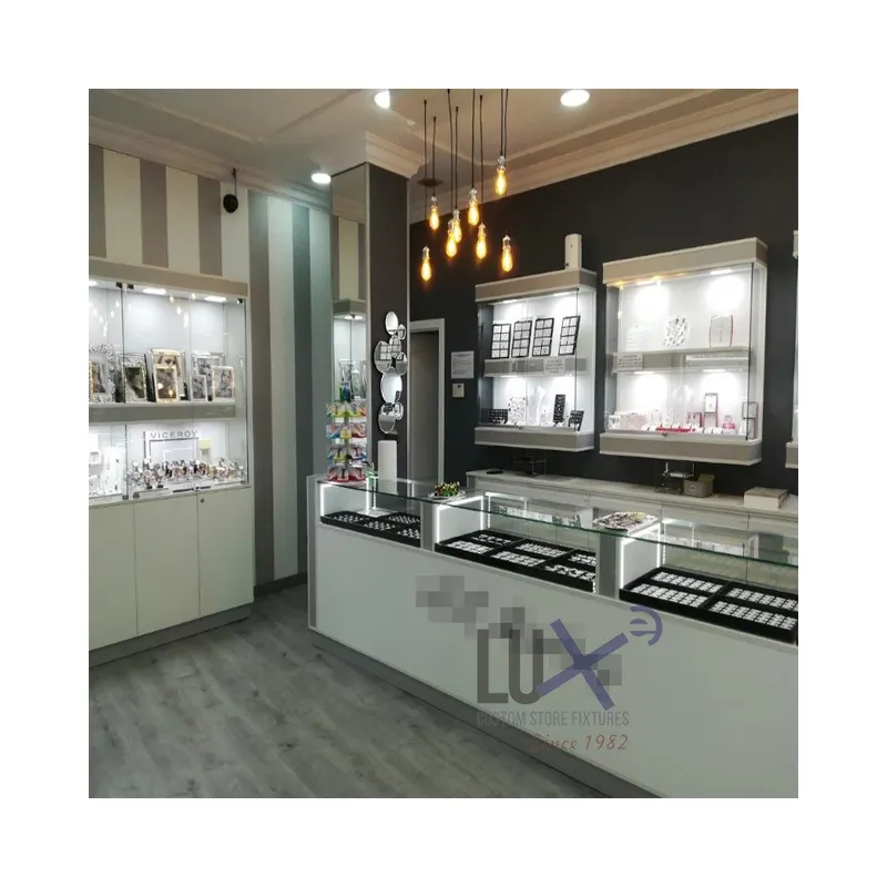 LUX Custom Wood White Gift Retail Store Popular Safety Toughened Glass Lockable Mirror Jewelry Cabinet Jewelry Display Rack