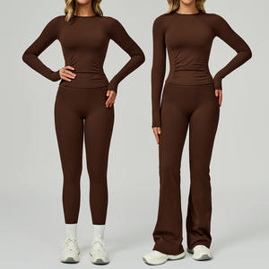 Özel Logo bayan koşu çıplak dar spor setleri uzun kollu ince elastik Yoga üst tayt 4 parça spor spor setleri - Product Image 6