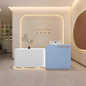 Minimalist Reception <b>Desk</b> Concrete Wood Finish Modern LED Light <b>Office</b> Lobby Hotel Beauty Salon Front Counter - Product Image 6
