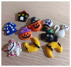 Cabujones planos <span class=keywords><strong>de</strong></span> resina artísticos pintados a mano con motivos <span class=keywords><strong>de</strong></span> casa, zombi, mago, esqueleto, gato negro, sombrero, calabaza, fantasma, para collares, zapatos y adornos - Product Image 5