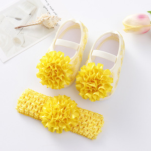 Newborn Lace Flowers <strong>Headband</strong> Anti-Slip Soft Sole First <strong>Walkers</strong> Toddler Kids Cotton Baptism Shoes Spring Infant Baby Girl Shoes - Product Image 1