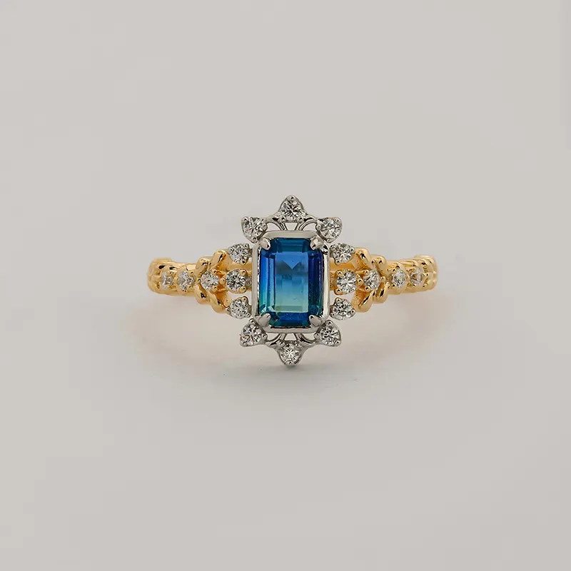 Japanese Light Luxury 14K Gold Plated Green Blue Glass White Zircon stone two tone Silver Ring
