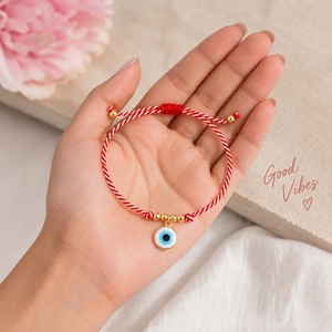 Bracelet porte-bonheur Go2boho en coton tressé rouge et blanc avec pendentif œil porte-bonheur, perles plaquées or, bijou ajustable, cadeau - Product Image 4