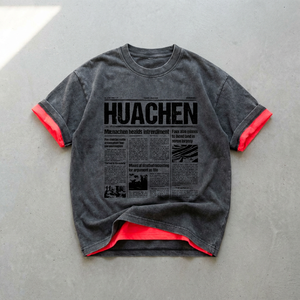 T-shirt vintage délavé à l'acide, épais, double couche, imprimé journal, streetwear <span class=keywords><strong>de</strong></span> luxe, personnalisable, marque privée 0EM - Product Image 1
