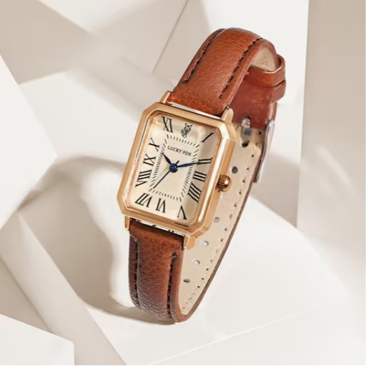 Women'S Elegant Vintage Square Roman Numeral Quartz Watch with Brown Faux Leather Strap Wristwatch N2605027