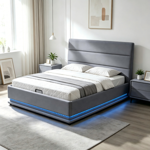 <span class=keywords><strong>Letto</strong></span> con Piattaforma in <span class=keywords><strong>Legno</strong></span> Rivestito in Pelle Sintetica Grigia Stile Moderno con Striscia LED e <span class=keywords><strong>Testiera</strong></span> Alta Morbida - Product Image 1