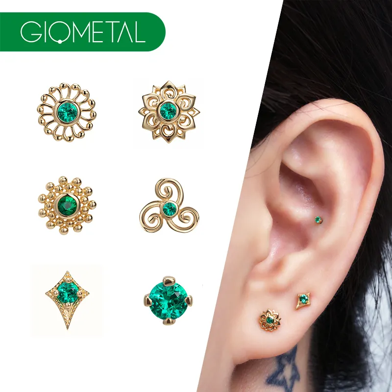 Giometal Fine Body Piercing Jewelry 18KT Solid Gold Afghan Marquise Flower Threadless Ends with Emerald Wholesale