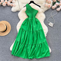 Robe longue d'été pour femme à une épaule, smockée et à volants, élégante, avec taille froncée, pour cocktail et soirée