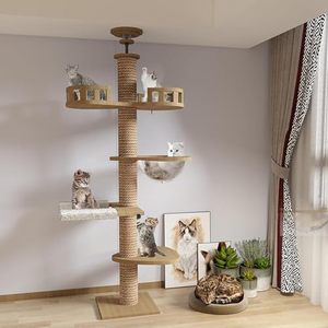 Wholesale 67 Inch Wooden Tower OEM ODM Custom Logo 14 Sisal Posts Condo Stairs 2 Bowls Padded Platform Toy Balls Carton - Product Image 1