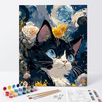 Kit de peinture par numéros - Chat, nuit étoilée, fleurs - Peinture acrylique DIY pour adultes débutants - 40x50cm - Avec ou sans cadre