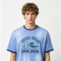 T-shirt Ringer Vintage Homme en Coton Épais Délavé au Soleil, Effet Usé, Motif Surf, Coupe Oversize, Manches Courtes