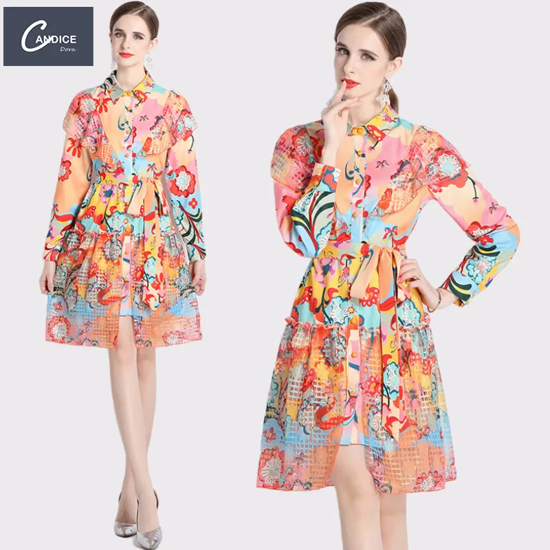 Candice in stock fashion long sleeve mini floral print casual 2023 new arrivals a line dresses for women elegant