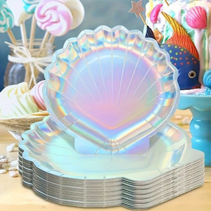 Assiettes en papier jetables Ensemble d'assiettes à dîner jetables élégantes en forme de <span class=keywords><strong>coquillage</strong></span>-Parfait pour les fêtes de sirène, les mariages et les anniversaires - Product Image 1