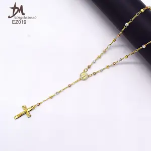 Z019 Gold Rosenkranz Halskette Großhandel drei Farben Zirkon religiösen Schmuck Rosenkranz Perlen Halskette