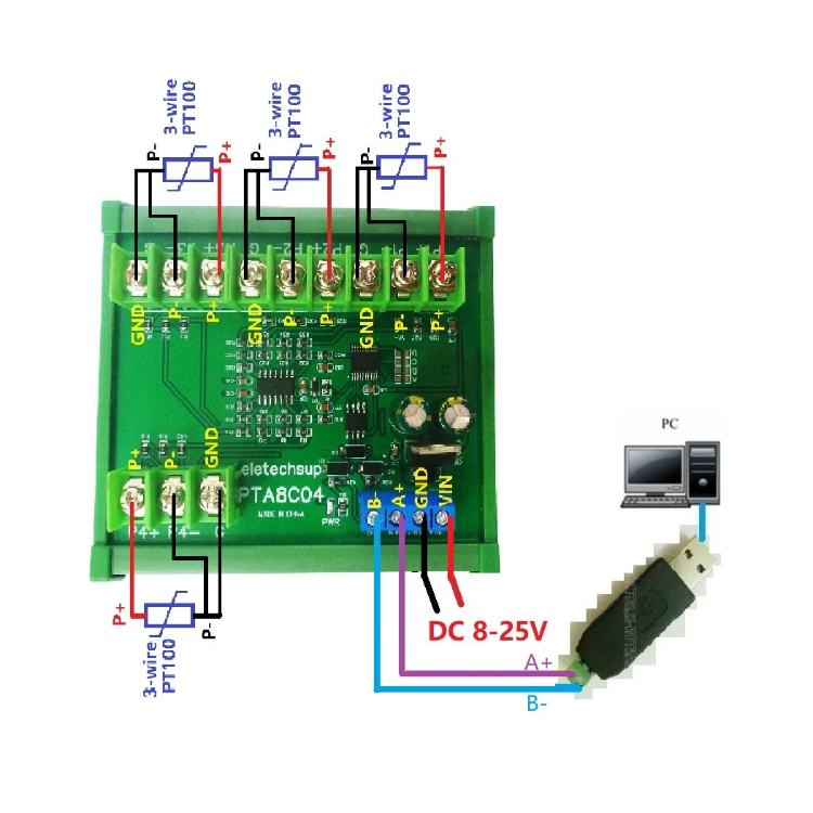 Produktbild von 8-Kanal PT100 Temperatursensor Modul RS485 Modbus, 8-30V DC, -40 Bis +220°C / -40 Bis +500°C