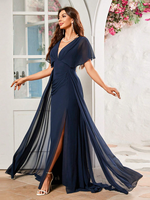 Robe de soirée formelle en mousseline de soie pour femme, col en V, manches chauve-souris, coupe trapèze, longue jusqu'au sol, avec taille marquée, idéale pour demoiselle d'honneur