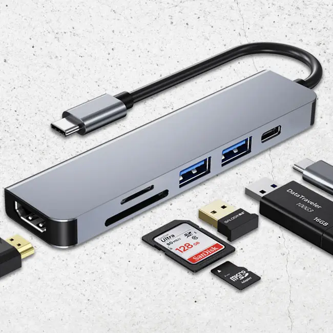 USB C Hub 6-In-1 Tipe C Ke 4K HDMI Adapter USB 3.0 Splitter Slot Kartu SD/TF