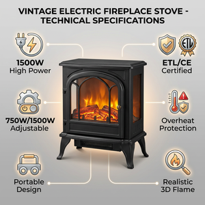 <span class=keywords><strong>Estufa</strong></span> Eléctrica Independiente Vintage de 1500W, Calentador Portátil para Interiores con Llama LED Realista y <span class=keywords><strong>Efecto</strong></span> de Leña para el Hogar, Certificación ETL - Product Image 4