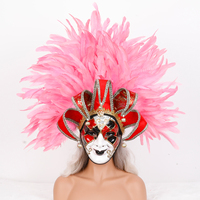 Masque de bouffon vénitien avec couronne de plumes, masque de harlequin en velours rouge, masque de carnaval, bal masqué, costume de fête d'Halloween personnalisé