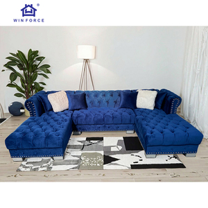 Sofá Seccional Chesterfield de <span class=keywords><strong>5</strong></span> Plazas en Terciopelo <span class=keywords><strong>Azul</strong></span> Marino de Lujo, en Forma de U, con Esquinas Acolchadas y Estructura de Madera Alta con Esponja - Product Image 4