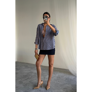 Camisa de Lino a Rayas Azul Marino para Mujer, Colección de Blusas y Camisas para Mujer - Product Image 1