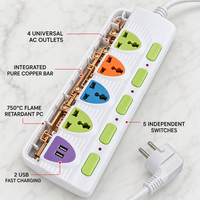 Multiprise universelle 4 voies 2500W, 4 prises, 2 USB, 5 interrupteurs, prise EU 90 degrés, IP44, rallonge pour la maison et le bureau
